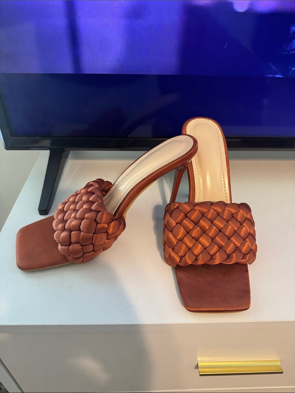 Braided Slide Heeled Sandals in Copper Brown
